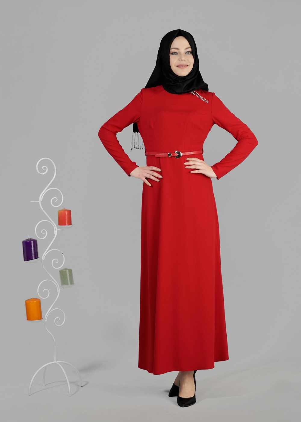 Tesettür giyim KIRMIZI T 4686 Farah Tesettür Elbise-Alv Fashion