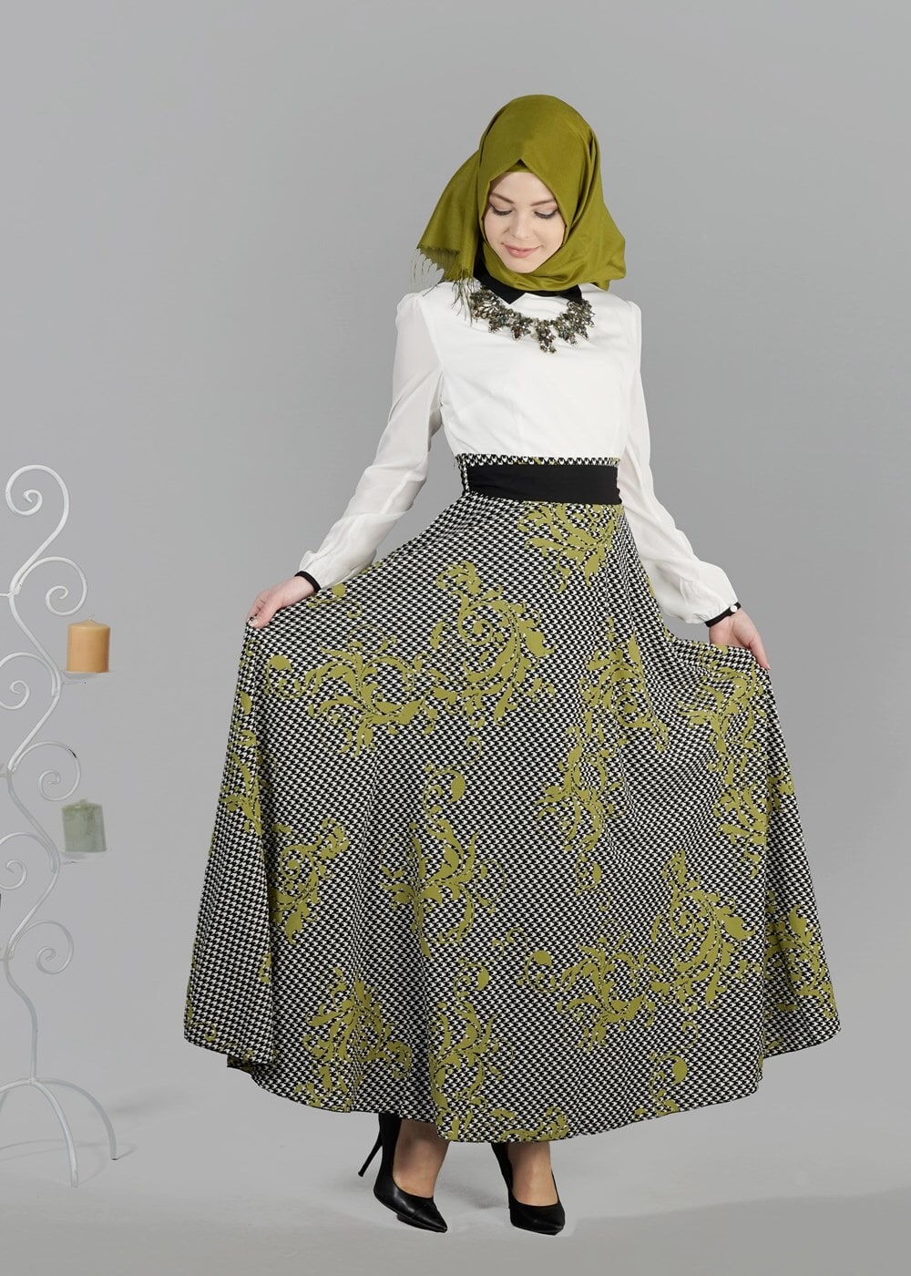 Tesettür giyim YEŞİL T 4745 Moss Crep Tesettür Elbise-Alv Fashion