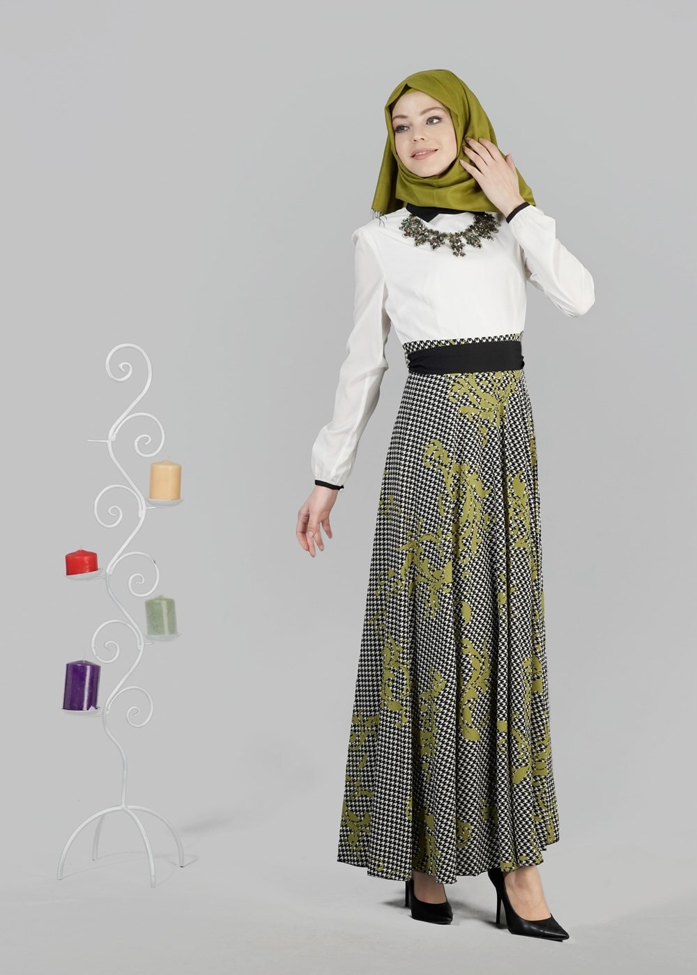 Tesettür giyim YEŞİL T 4745 Moss Crep Tesettür Elbise-Alv Fashion