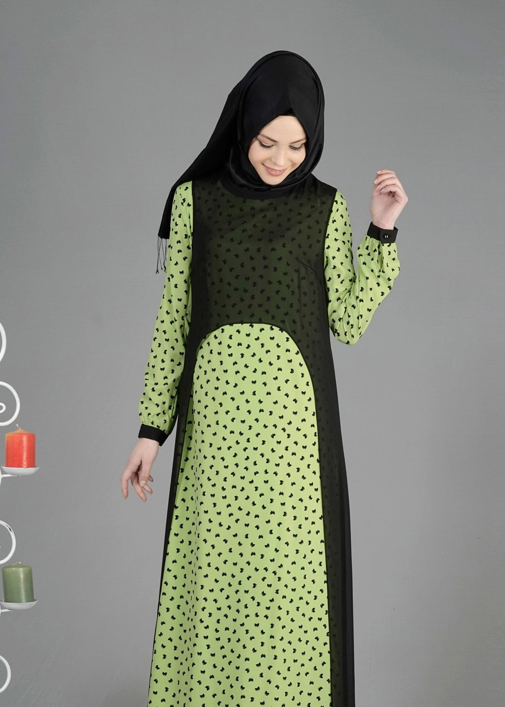 Tesettür giyim YEŞİL İKİLİ ELBİSE T 4955