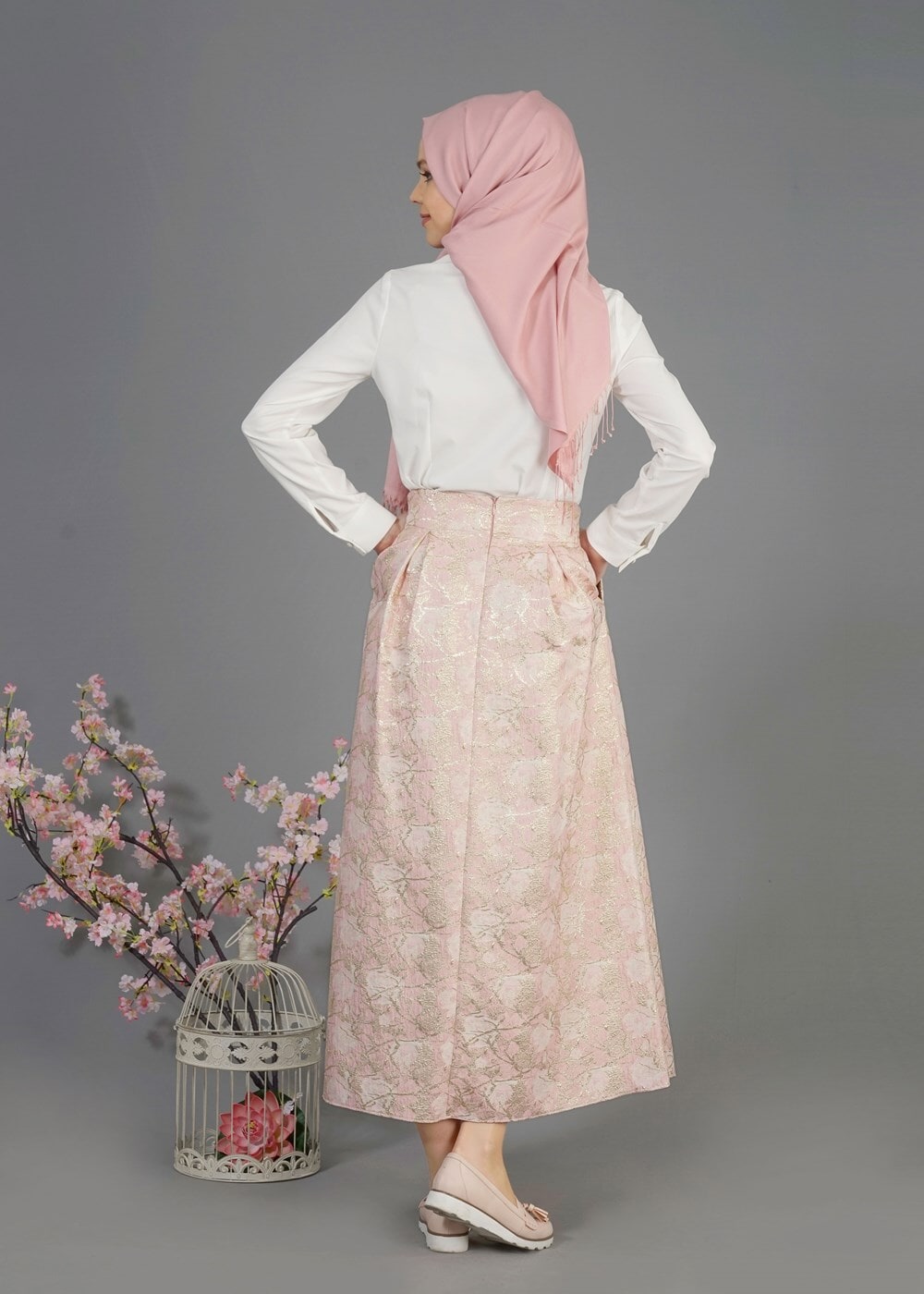 Tesettür giyim PEMBE T 6720 Jakar Tesettür Etek-Alv Fashion