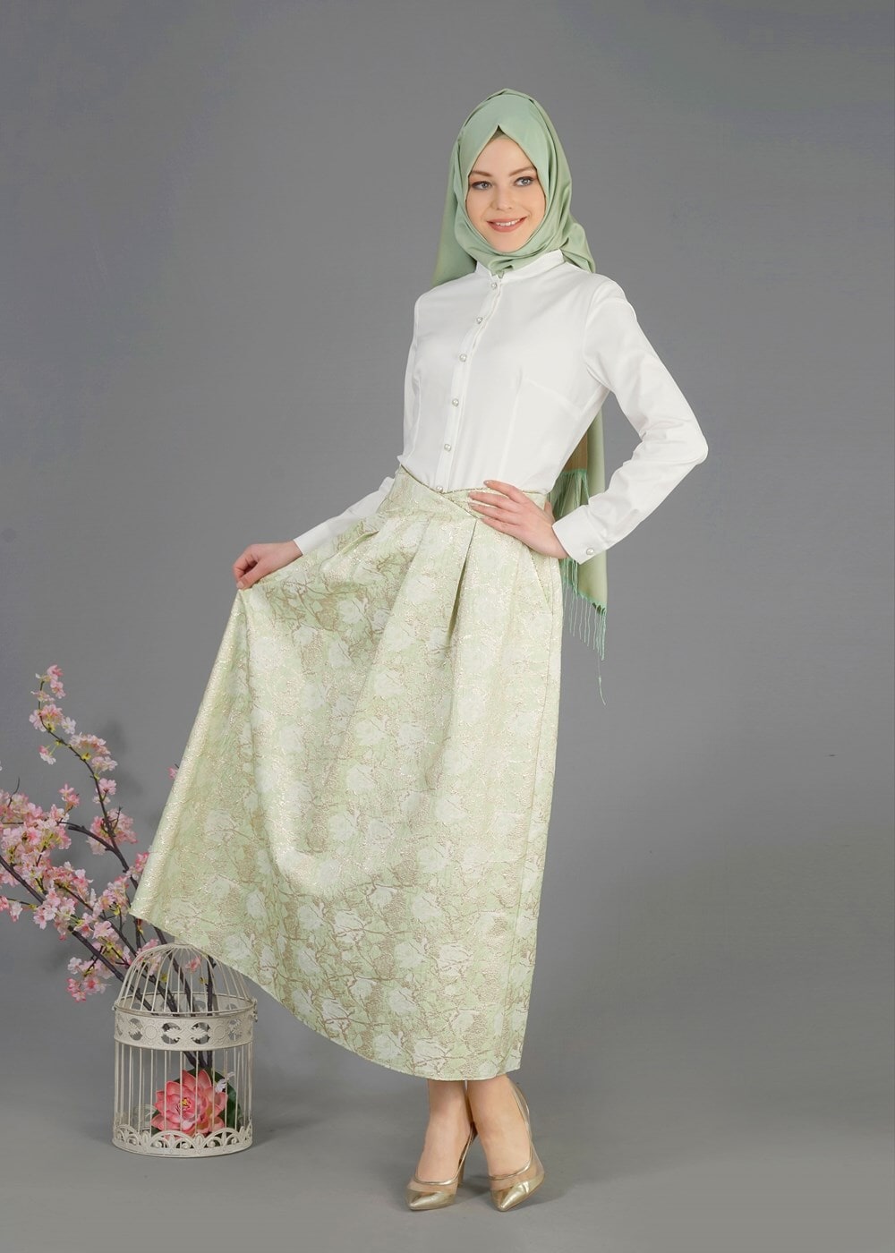 Tesettür giyim YEŞİL T 6720 Jakar Tesettür Etek-Alv Fashion