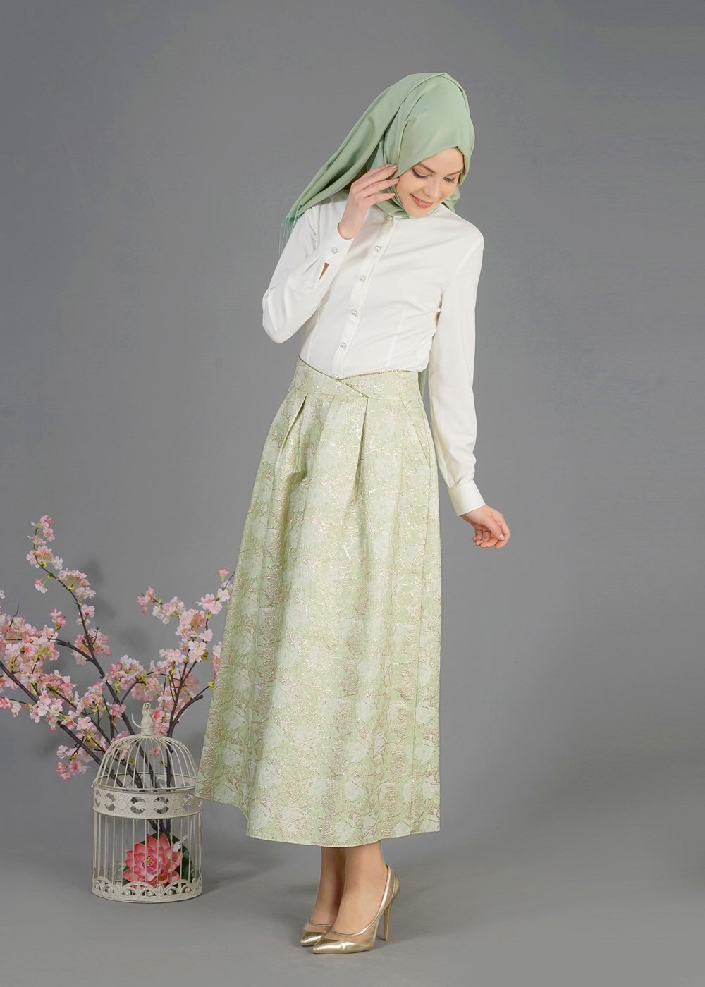 Tesettür giyim YEŞİL T 6720 Jakar Tesettür Etek-Alv Fashion