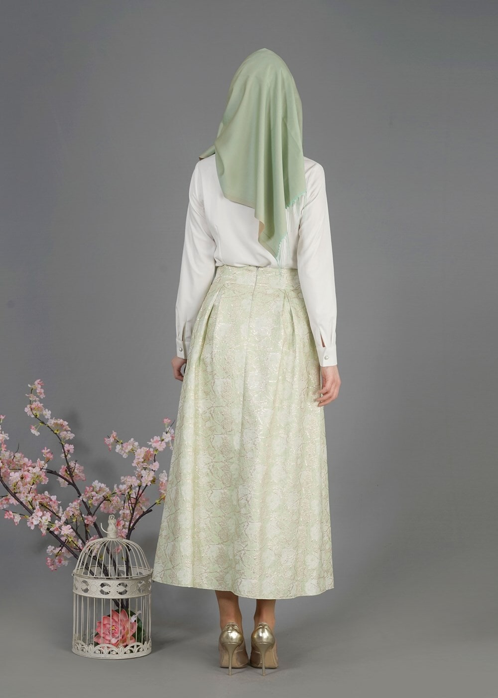 Tesettür giyim YEŞİL T 6720 Jakar Tesettür Etek-Alv Fashion