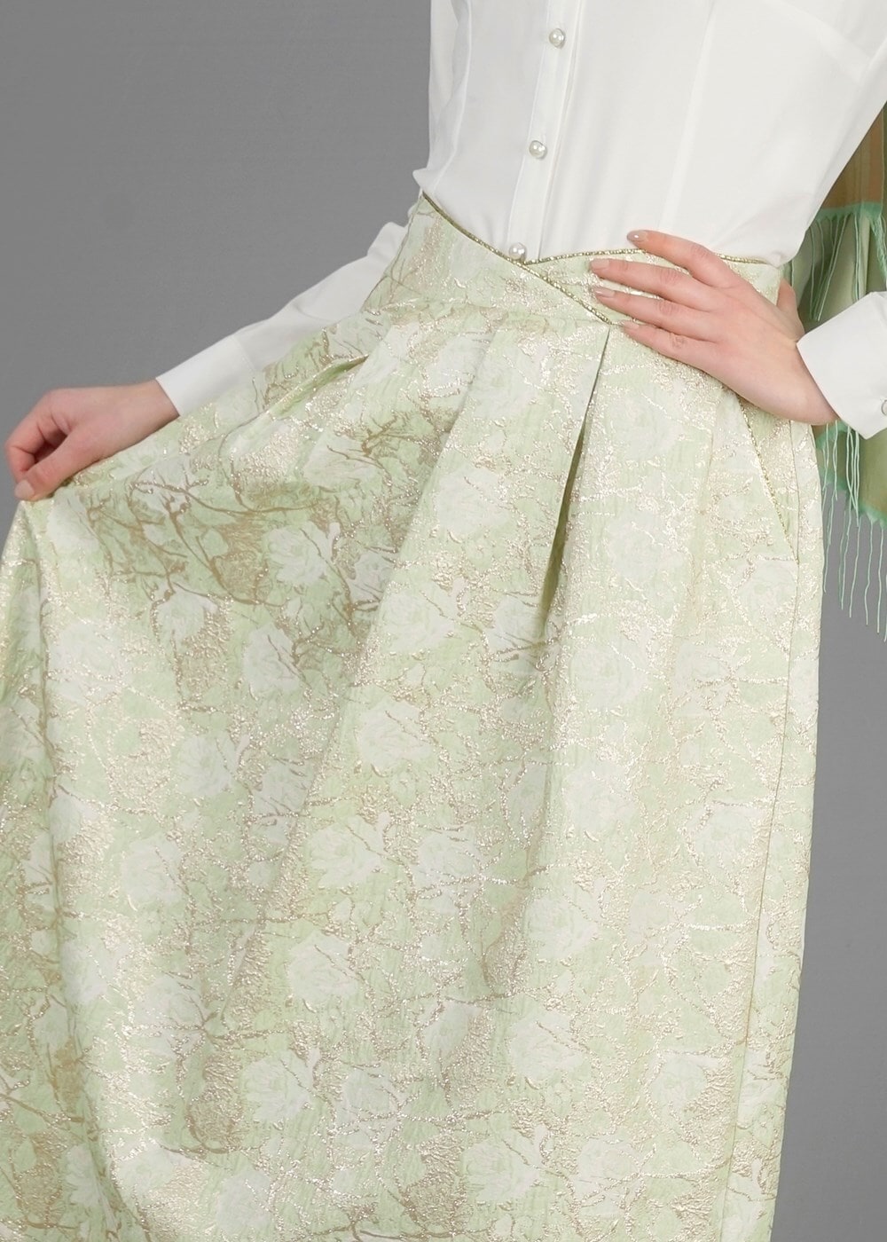 Tesettür giyim YEŞİL T 6720 Jakar Tesettür Etek-Alv Fashion