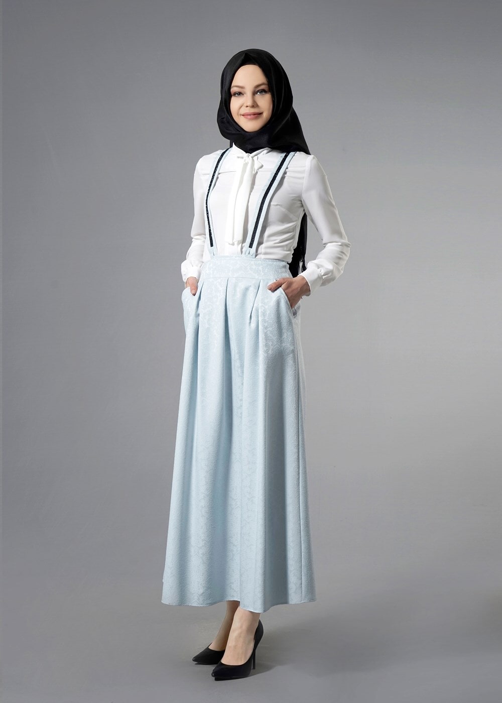 Tesettür giyim MAVİ T 6728 Almina Jakar Tesettür Etek-Alv Fashion