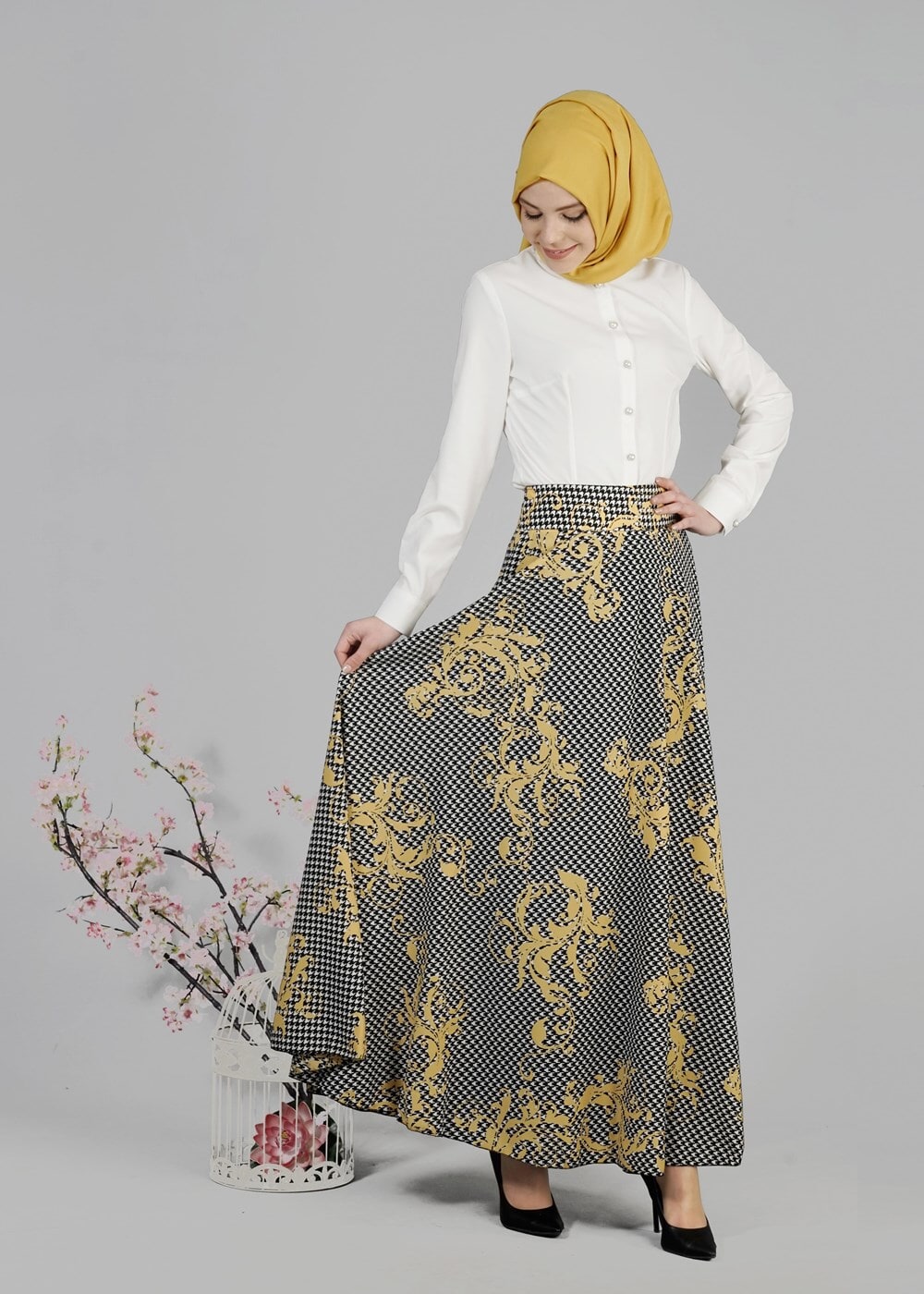 Tesettür giyim SARI T 6700 Moss Crep Tesettür Etek-Alv Fashion