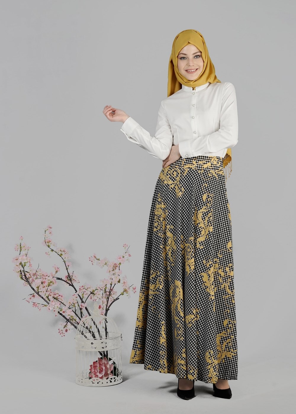 Tesettür giyim SARI T 6700 Moss Crep Tesettür Etek-Alv Fashion