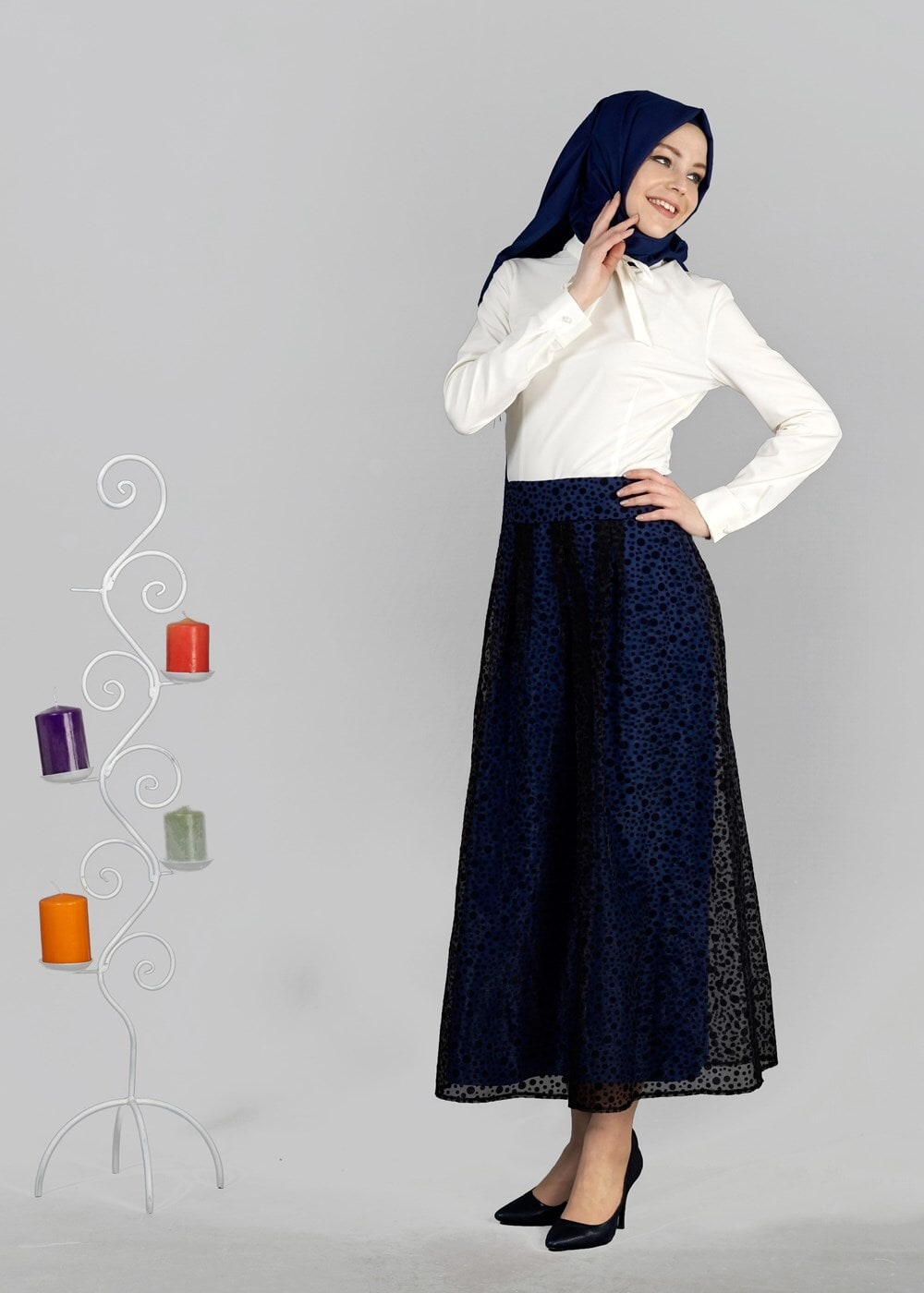 Tesettür giyim SİYAH T 6730 Yakma Puantiye Tesettür Etek-Alv Fashion