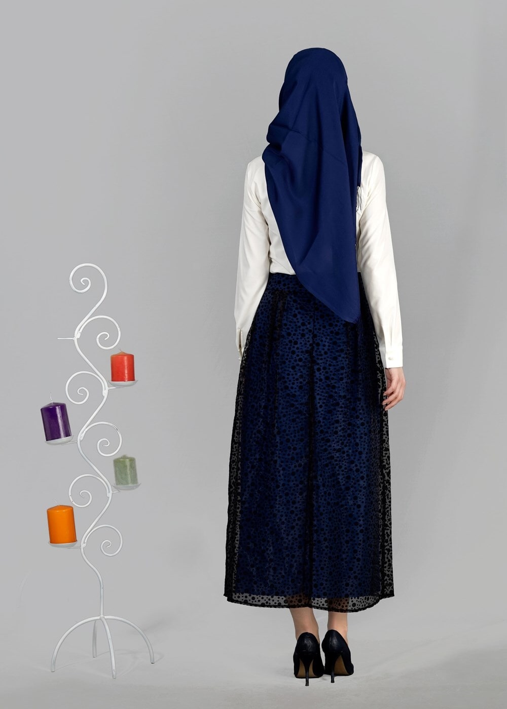 Tesettür giyim SİYAH T 6730 Yakma Puantiye Tesettür Etek-Alv Fashion