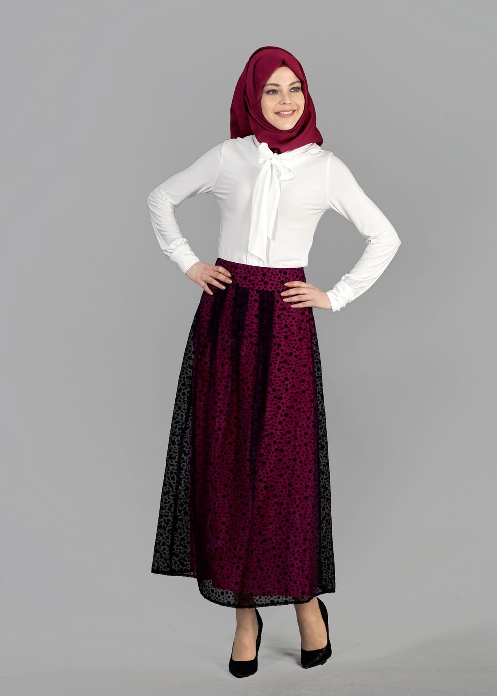 Tesettür giyim SİYAH T 6730 Yakma Puantiye Tesettür Etek-Alv Fashion