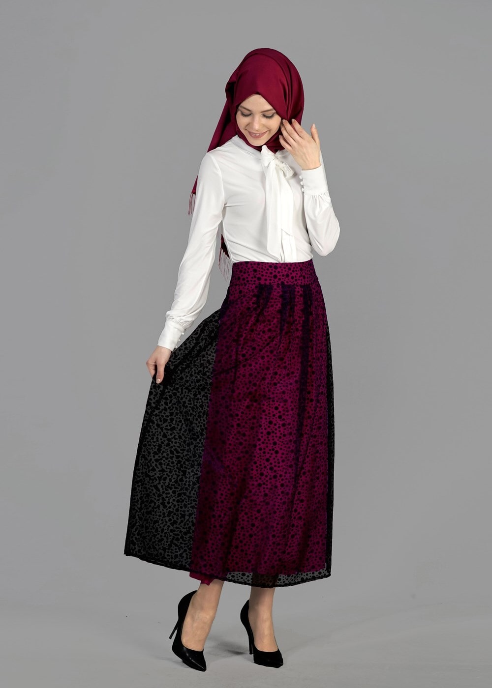 Tesettür giyim SİYAH T 6730 Yakma Puantiye Tesettür Etek-Alv Fashion