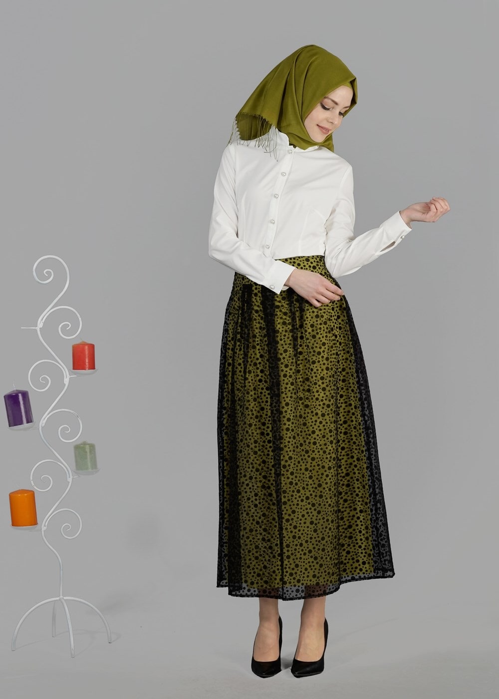 Tesettür giyim SİYAH T 6730 Yakma Puantiye Tesettür Etek-Alv Fashion