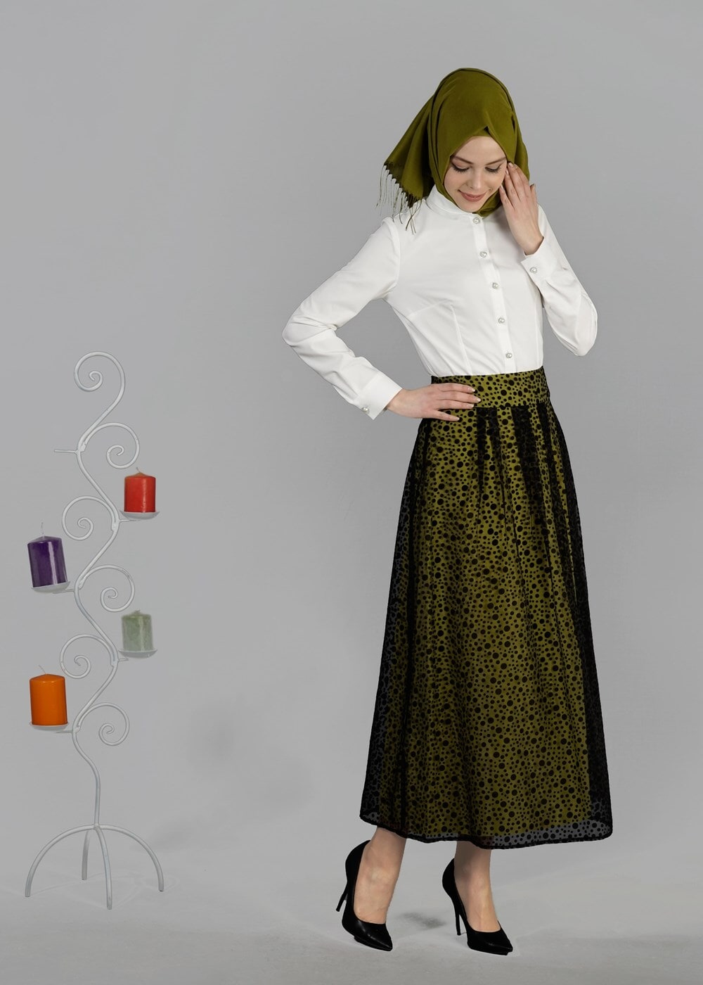 Tesettür giyim SİYAH T 6730 Yakma Puantiye Tesettür Etek-Alv Fashion