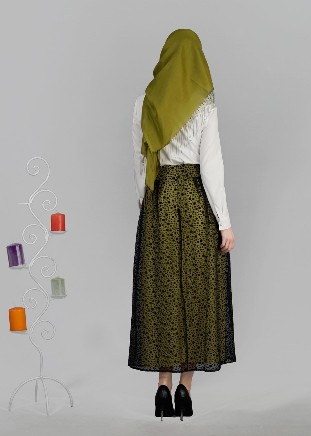 Tesettür giyim SİYAH T 6730 Yakma Puantiye Tesettür Etek-Alv Fashion