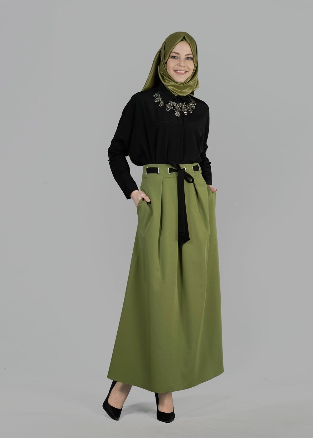 Tesettür giyim YEŞİL T 6734 Dilma Tesettür Etek-Alv Fashion