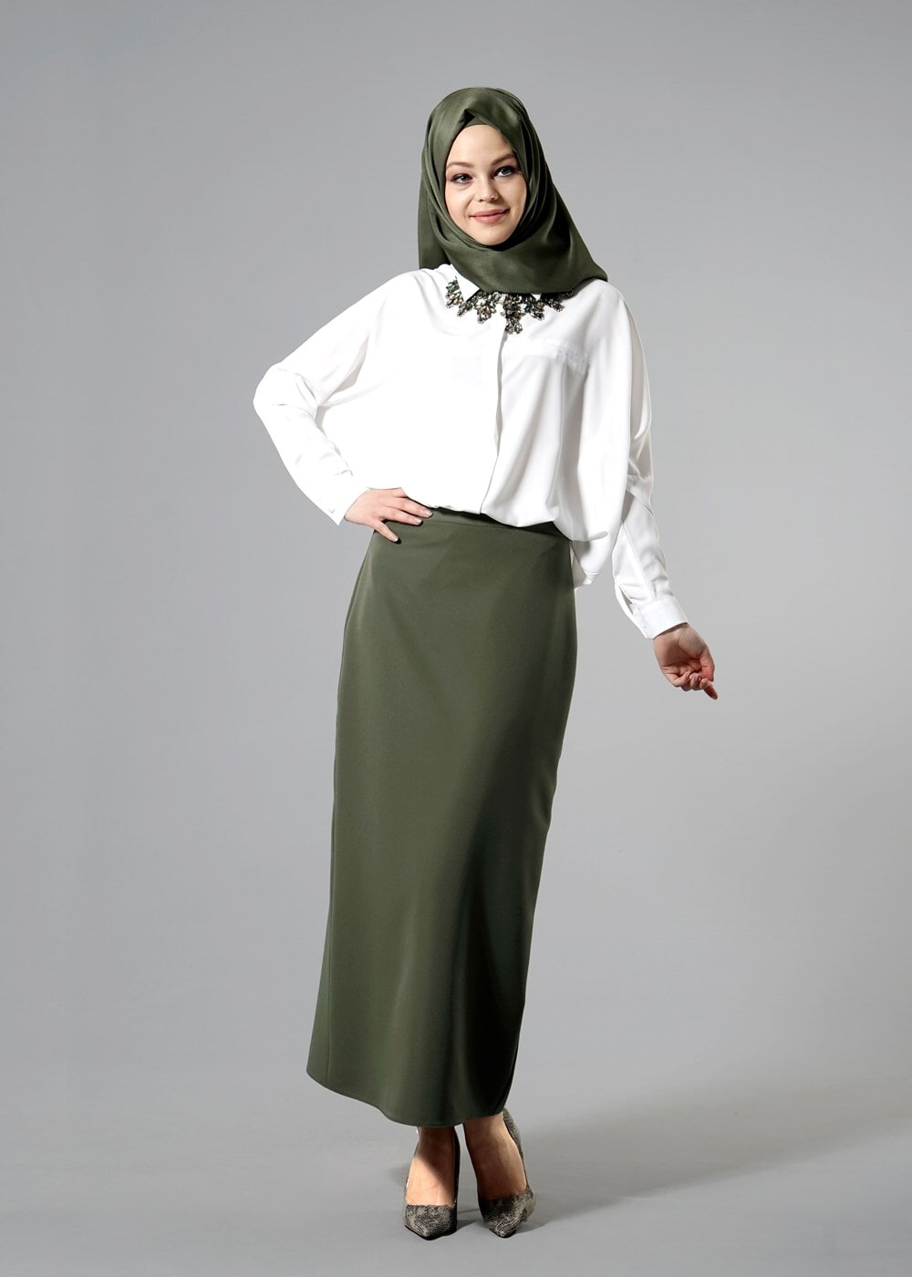 Vêtements hijab KAKI T 6914 Selin Etek-Garzen