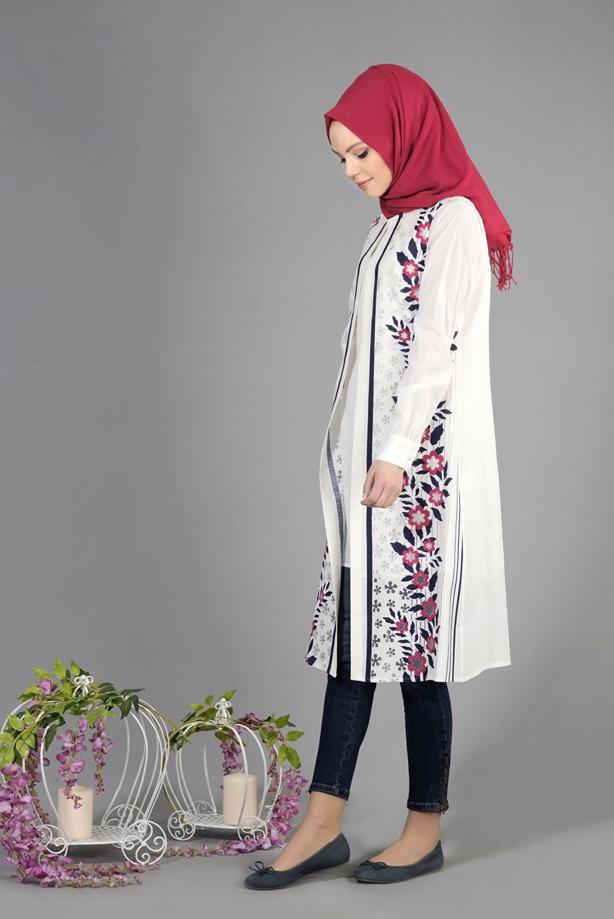 Tesettür giyim  T 516 Famelin Çiçek Baskılı Yelek - TRENDTESETTÜR