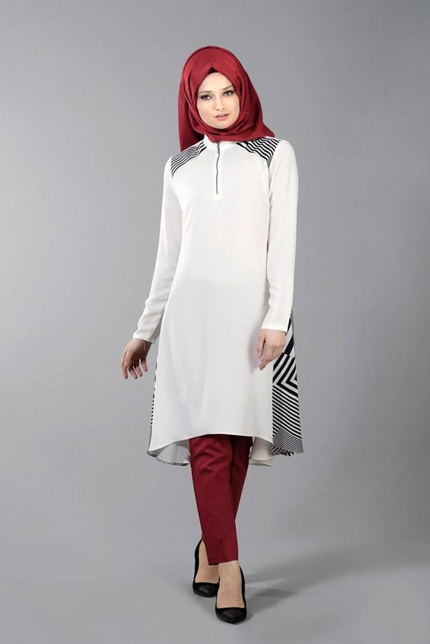Tesettür giyim  T 5416 Famelin Fermuar Detaylı Önü Kısa Tunik - TRENDTESETTÜR