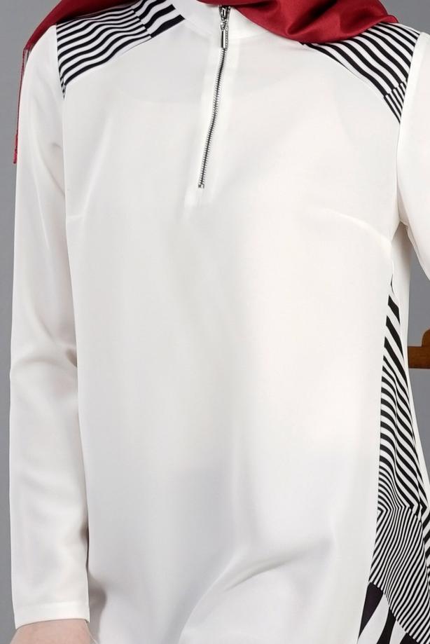 Tesettür giyim  T 5416 Famelin Fermuar Detaylı Önü Kısa Tunik - TRENDTESETTÜR