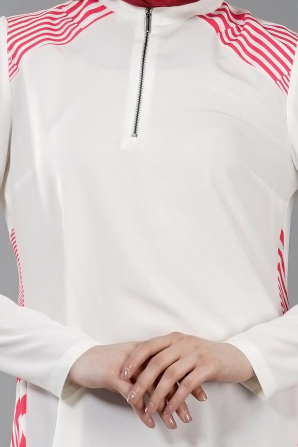 Tesettür giyim  T 5416 Famelin Fermuar Detaylı Önü Kısa Tunik - TRENDTESETTÜR