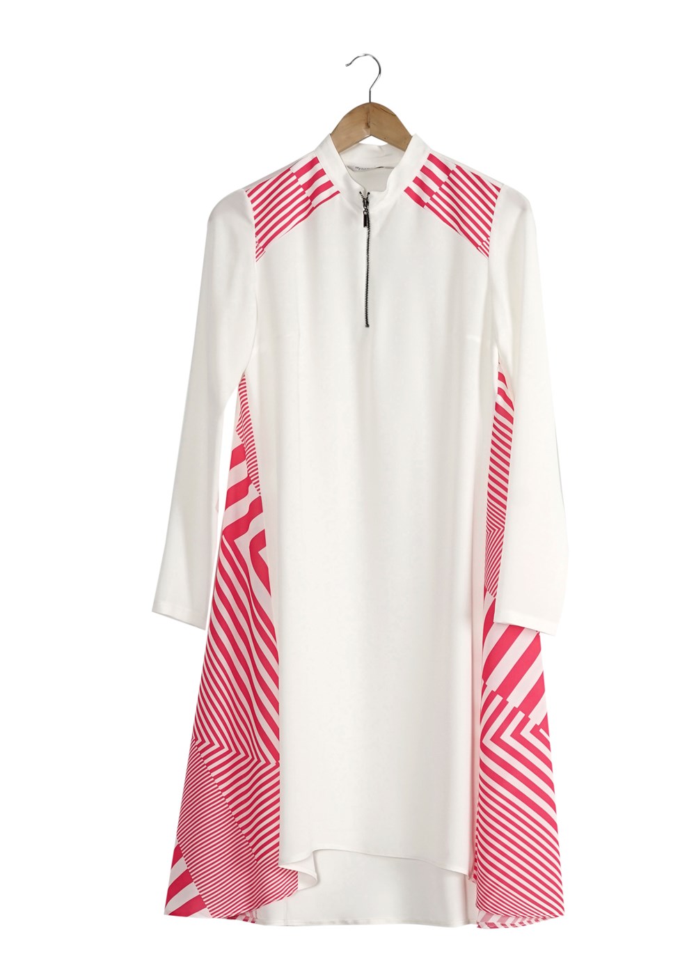 Tesettür giyim EKRU T 5416 Famelin Fermuar Detaylı Önü Kısa Tunik