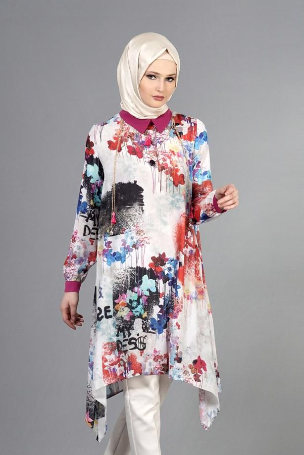 Tesettür giyim  T 5438 Famelin Asimetrik Kesim Desenli Tunik - TRENDTESETTÜR