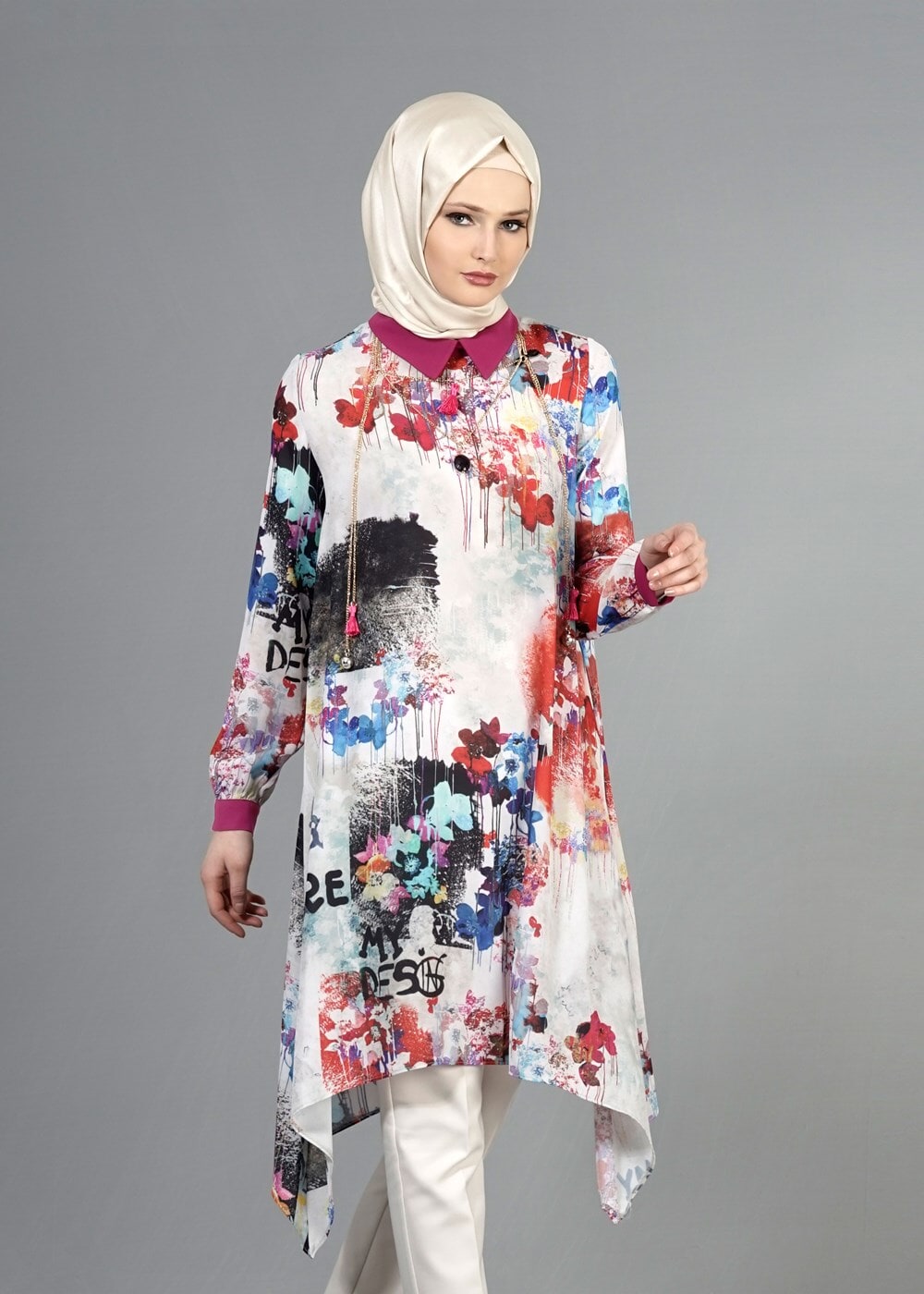 Tesettür giyim FUŞYA T 5438 Famelin Asimetrik Kesim Desenli Tunik