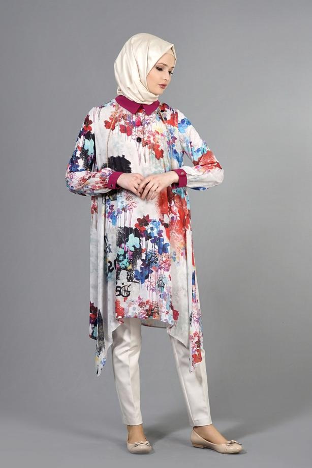 Tesettür giyim  T 5438 Famelin Asimetrik Kesim Desenli Tunik - TRENDTESETTÜR