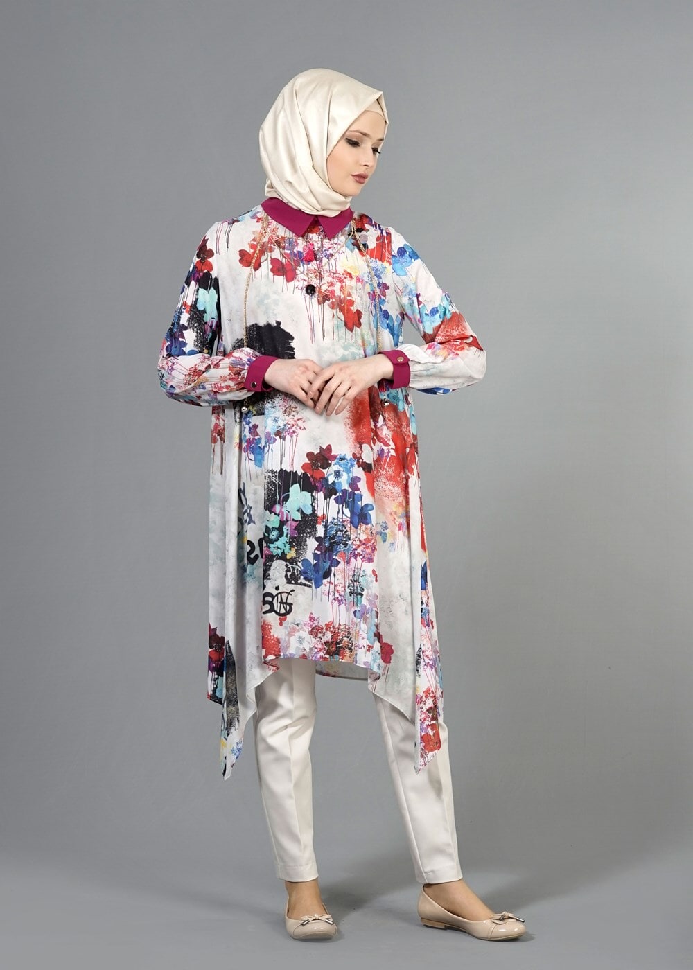 Tesettür giyim FUŞYA T 5438 Famelin Asimetrik Kesim Desenli Tunik