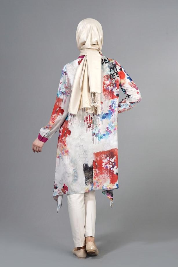 Tesettür giyim  T 5438 Famelin Asimetrik Kesim Desenli Tunik - TRENDTESETTÜR