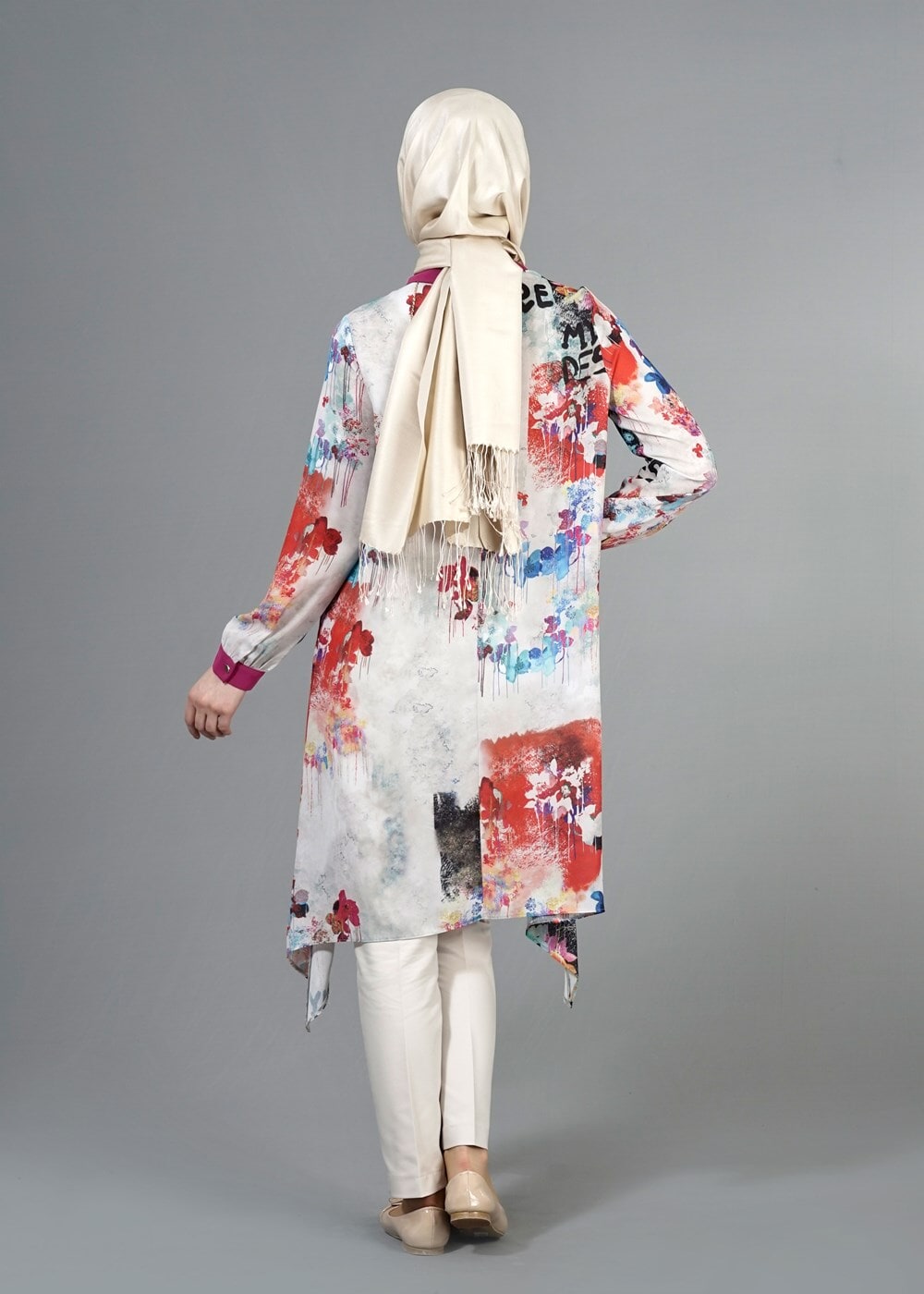 Tesettür giyim FUŞYA T 5438 Famelin Asimetrik Kesim Desenli Tunik