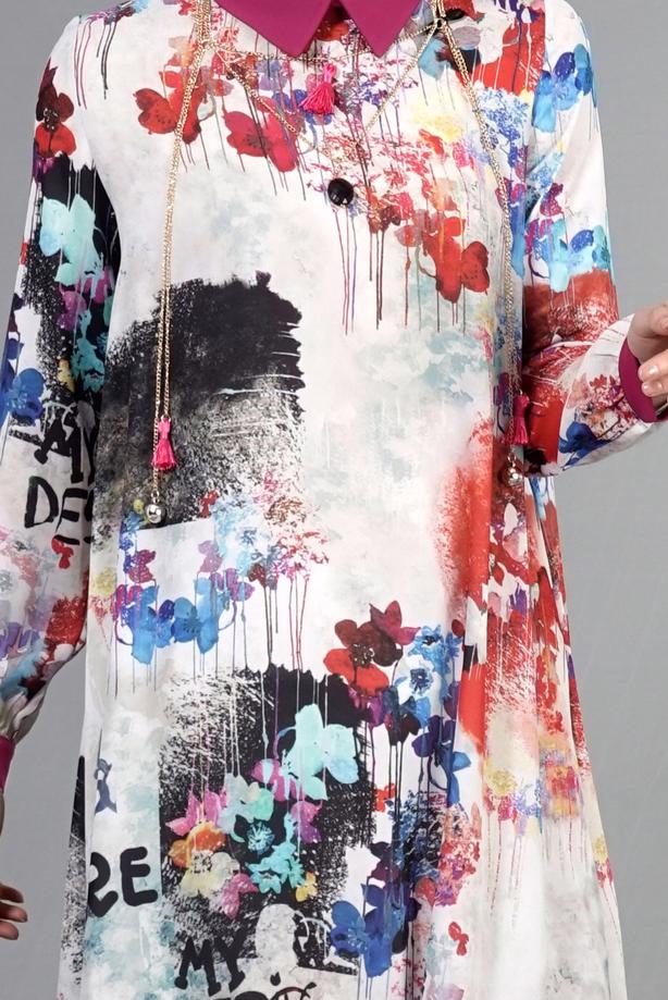 Tesettür giyim  T 5438 Famelin Asimetrik Kesim Desenli Tunik - TRENDTESETTÜR