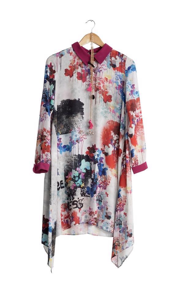 Tesettür giyim  T 5438 Famelin Asimetrik Kesim Desenli Tunik - TRENDTESETTÜR