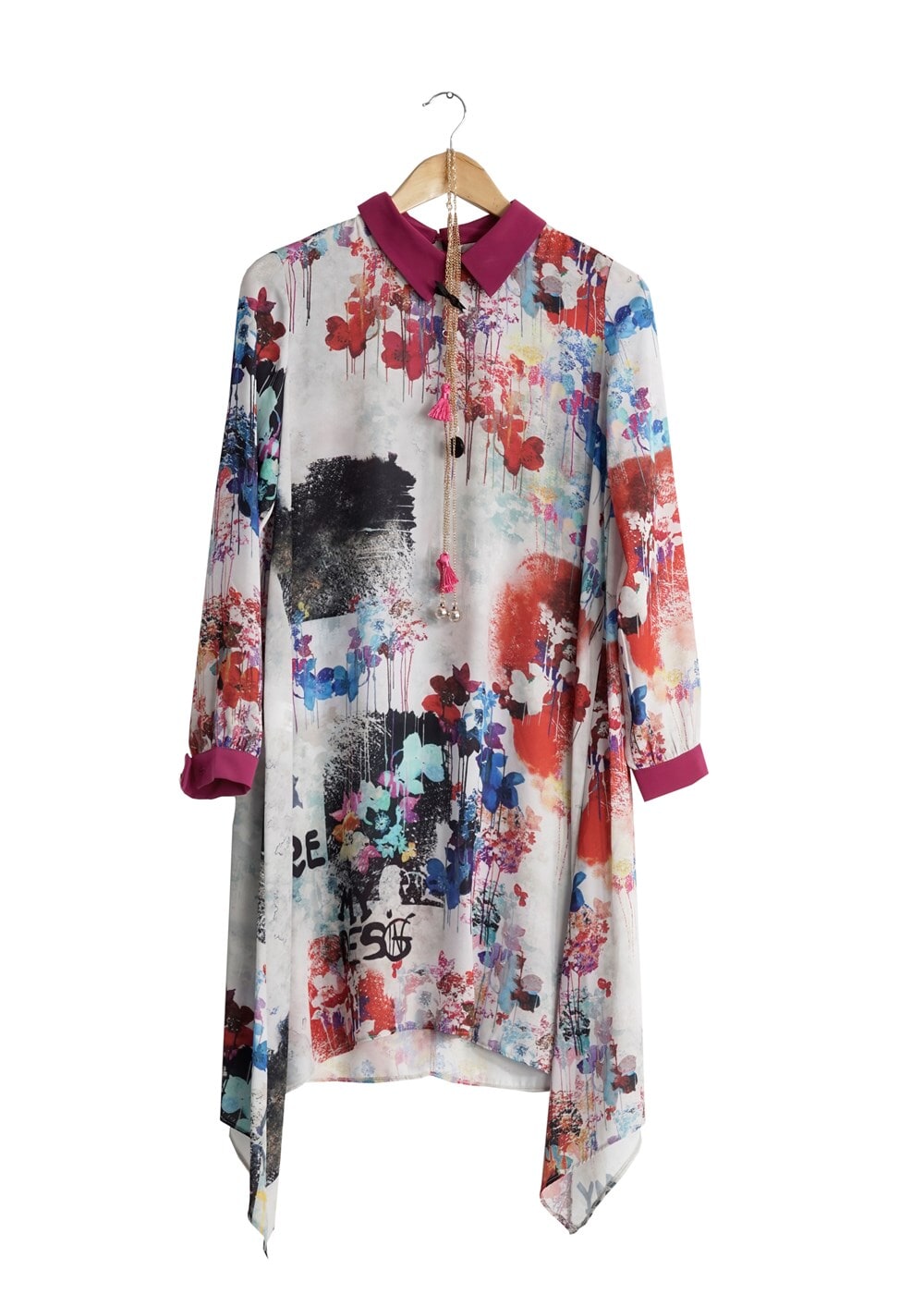 Tesettür giyim FUŞYA T 5438 Famelin Asimetrik Kesim Desenli Tunik