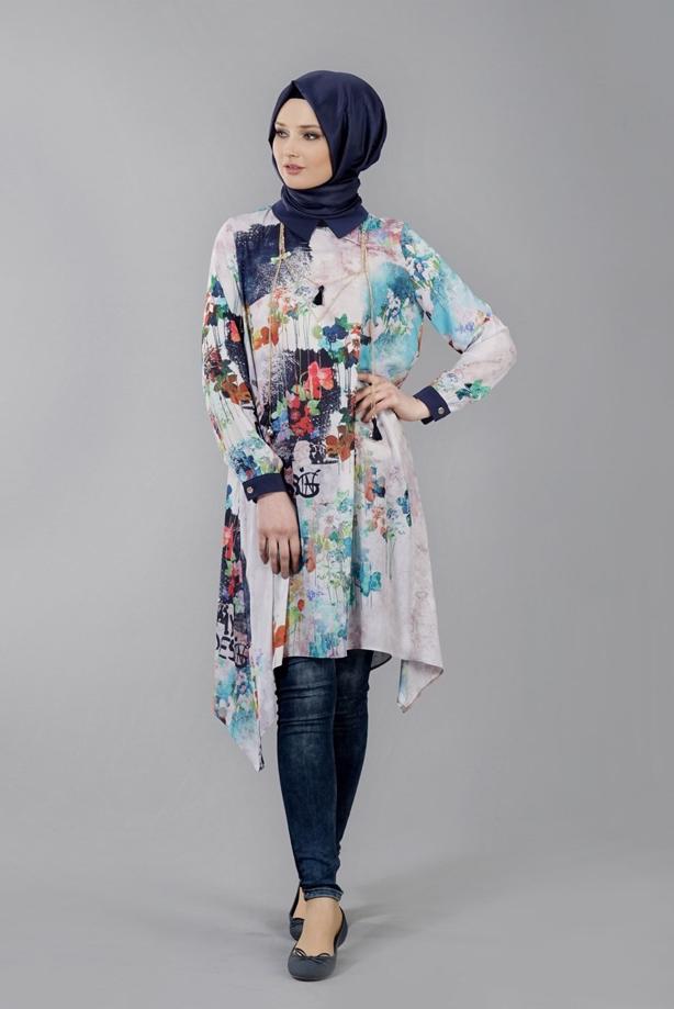 Tesettür giyim  T 5438 Famelin Asimetrik Kesim Desenli Tunik - TRENDTESETTÜR