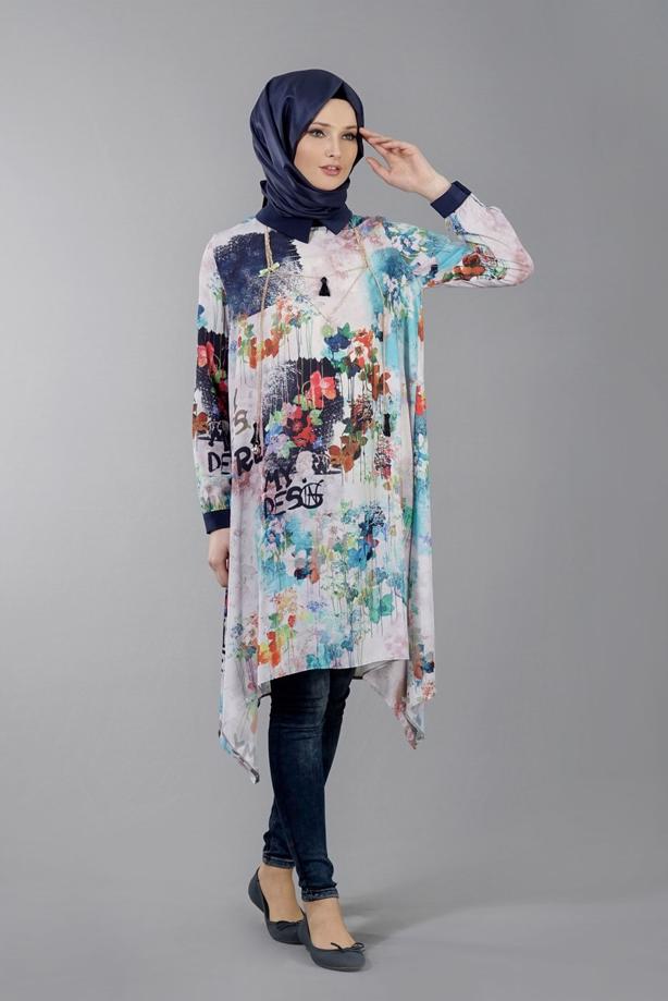 Tesettür giyim  T 5438 Famelin Asimetrik Kesim Desenli Tunik - TRENDTESETTÜR