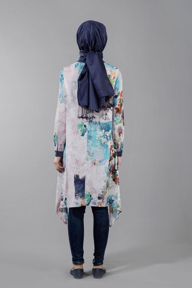Tesettür giyim  T 5438 Famelin Asimetrik Kesim Desenli Tunik - TRENDTESETTÜR