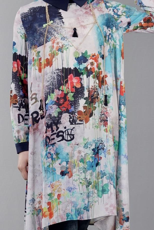 Tesettür giyim  T 5438 Famelin Asimetrik Kesim Desenli Tunik - TRENDTESETTÜR