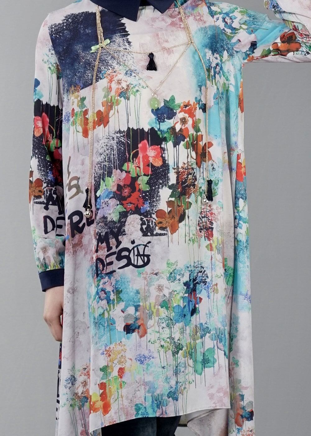 Tesettür giyim LACİVERT T 5438 Famelin Asimetrik Kesim Desenli Tunik