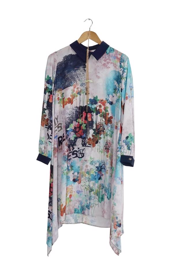Tesettür giyim  T 5438 Famelin Asimetrik Kesim Desenli Tunik - TRENDTESETTÜR