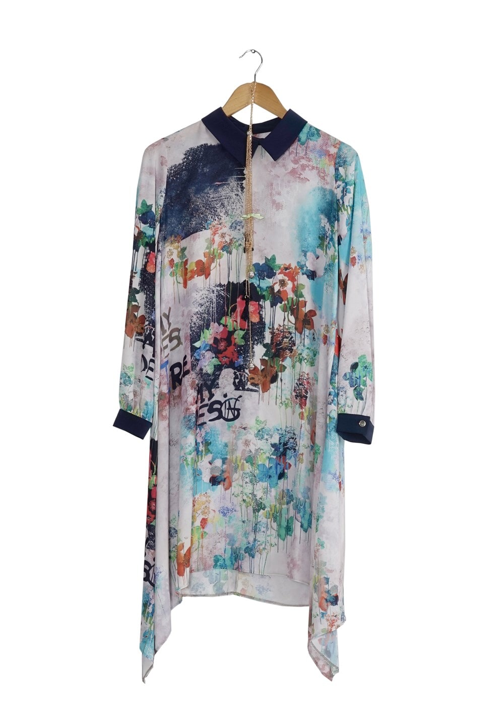 Tesettür giyim LACİVERT T 5438 Famelin Asimetrik Kesim Desenli Tunik