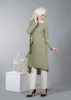 Tesettür giyim YEŞİL T 5459 Famelin Sırtı İp Detaylı Arkası Uzun Tunik