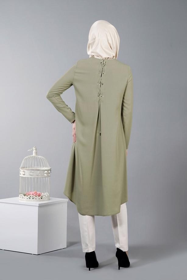 Tesettür giyim  T 5459 Famelin Sırtı İp Detaylı Arkası Uzun Tunik - TRENDTESETTÜR