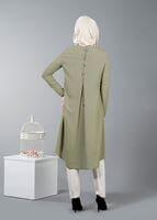 Tesettür giyim YEŞİL T 5459 Famelin Sırtı İp Detaylı Arkası Uzun Tunik