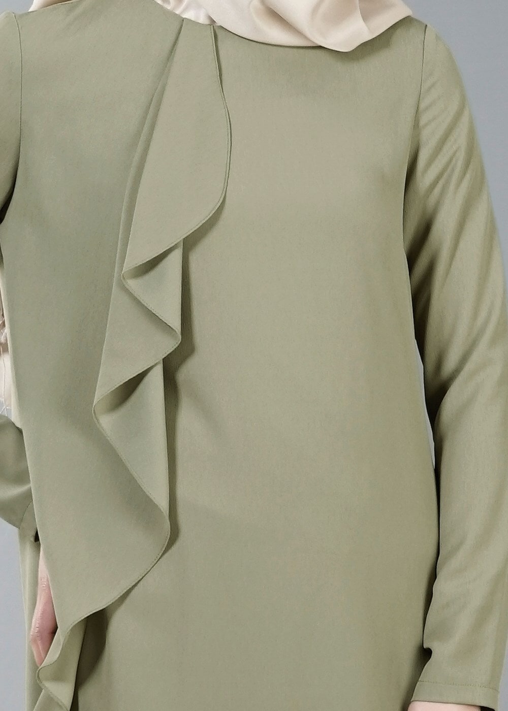 Tesettür giyim YEŞİL T 5459 Famelin Sırtı İp Detaylı Arkası Uzun Tunik