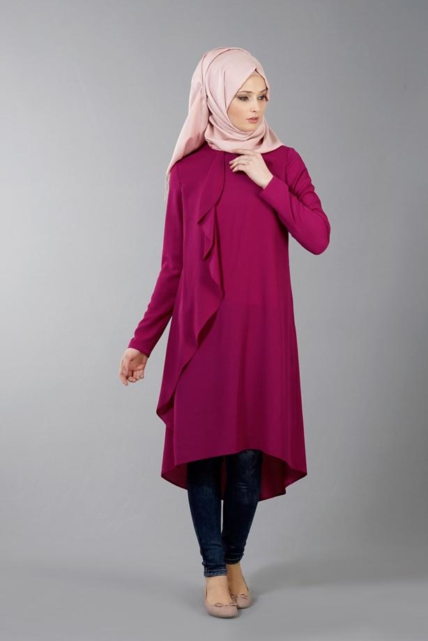 Tesettür giyim  T 5459 Famelin Sırtı İp Detaylı Arkası Uzun Tunik - TRENDTESETTÜR