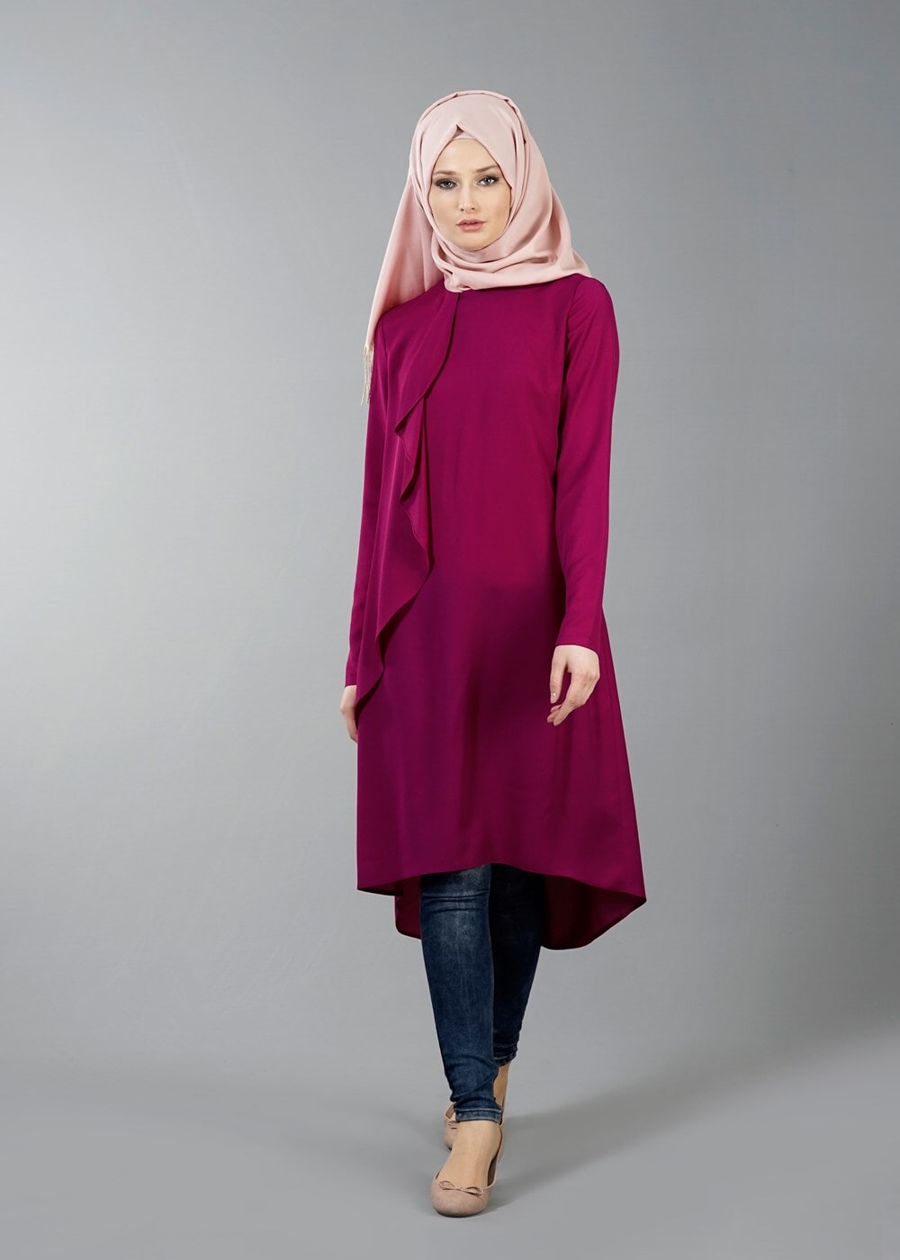 Tesettür giyim FUŞYA T 5459 Famelin Sırtı İp Detaylı Arkası Uzun Tunik