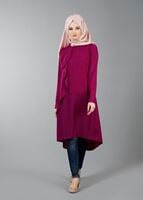 Tesettür giyim FUŞYA T 5459 Famelin Sırtı İp Detaylı Arkası Uzun Tunik