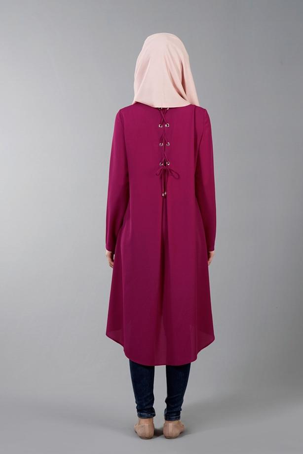 Tesettür giyim  T 5459 Famelin Sırtı İp Detaylı Arkası Uzun Tunik - TRENDTESETTÜR